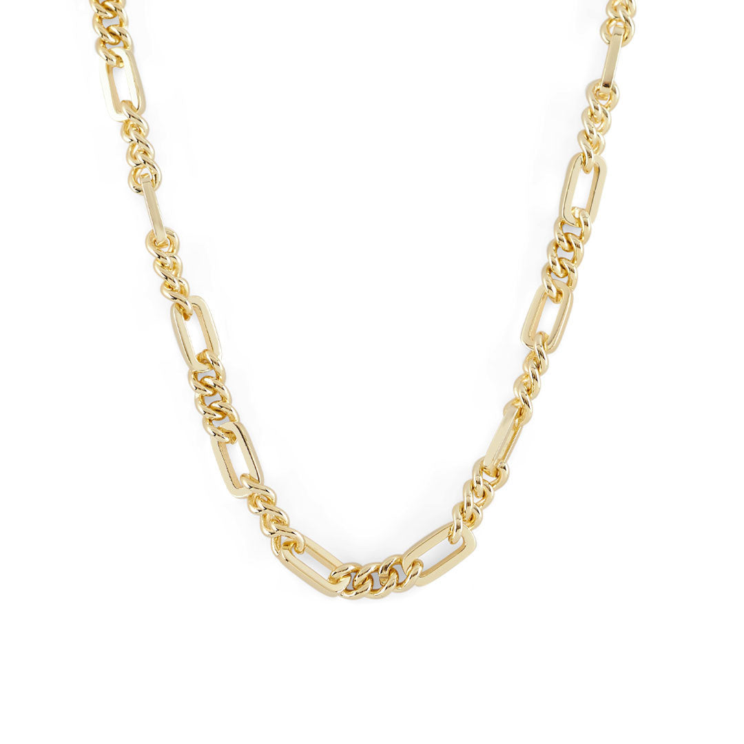 Gold plated Silver thick chain with alternating curb links and garland links on a white background