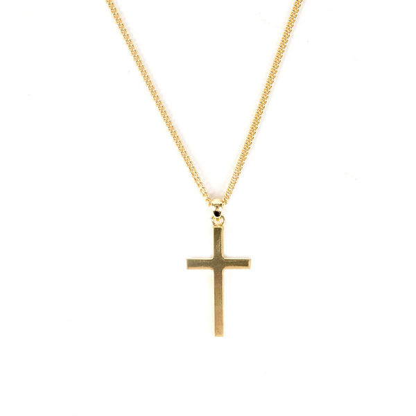 Gold Plated Sterling Silver cross pendant necklace with a curb chain in gold plating angled view showing depth - serge denimes