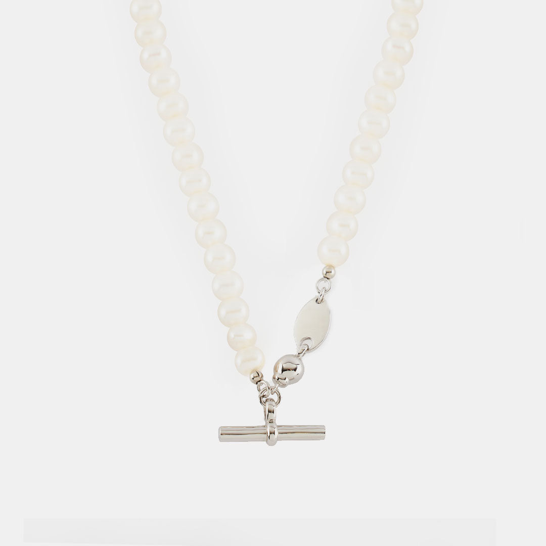 Silver Pearl T-Bar Necklace
