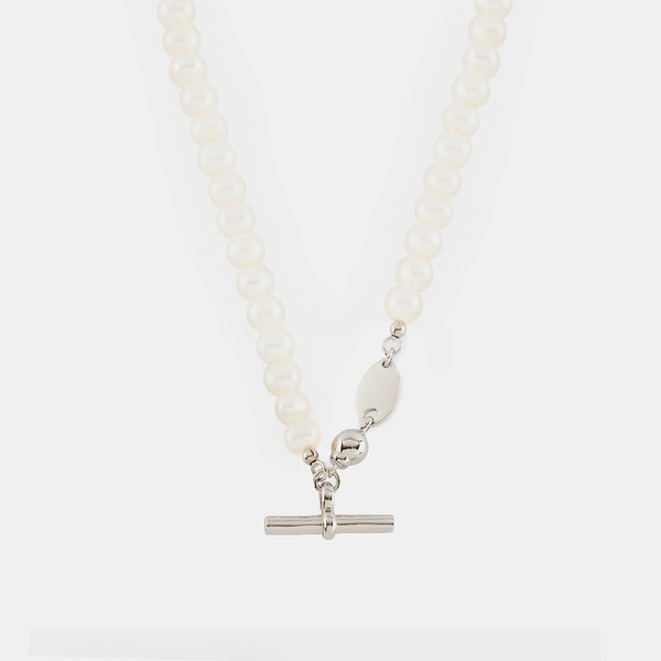 Silver Pearl T-Bar Necklace