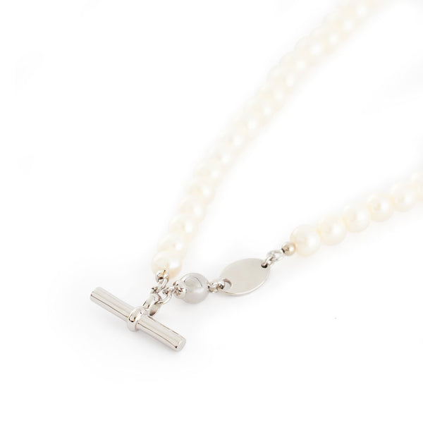 Silver Pearl T-Bar Necklace