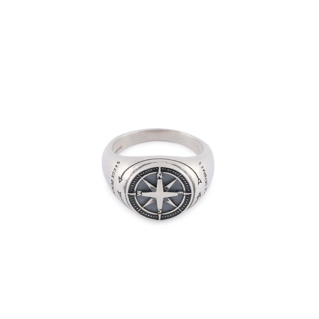 Silver Napoleon Ring with Compass face in Sterling Silver by Serge DeNimes front view