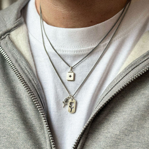 Silver Rose Dog Tag Necklace